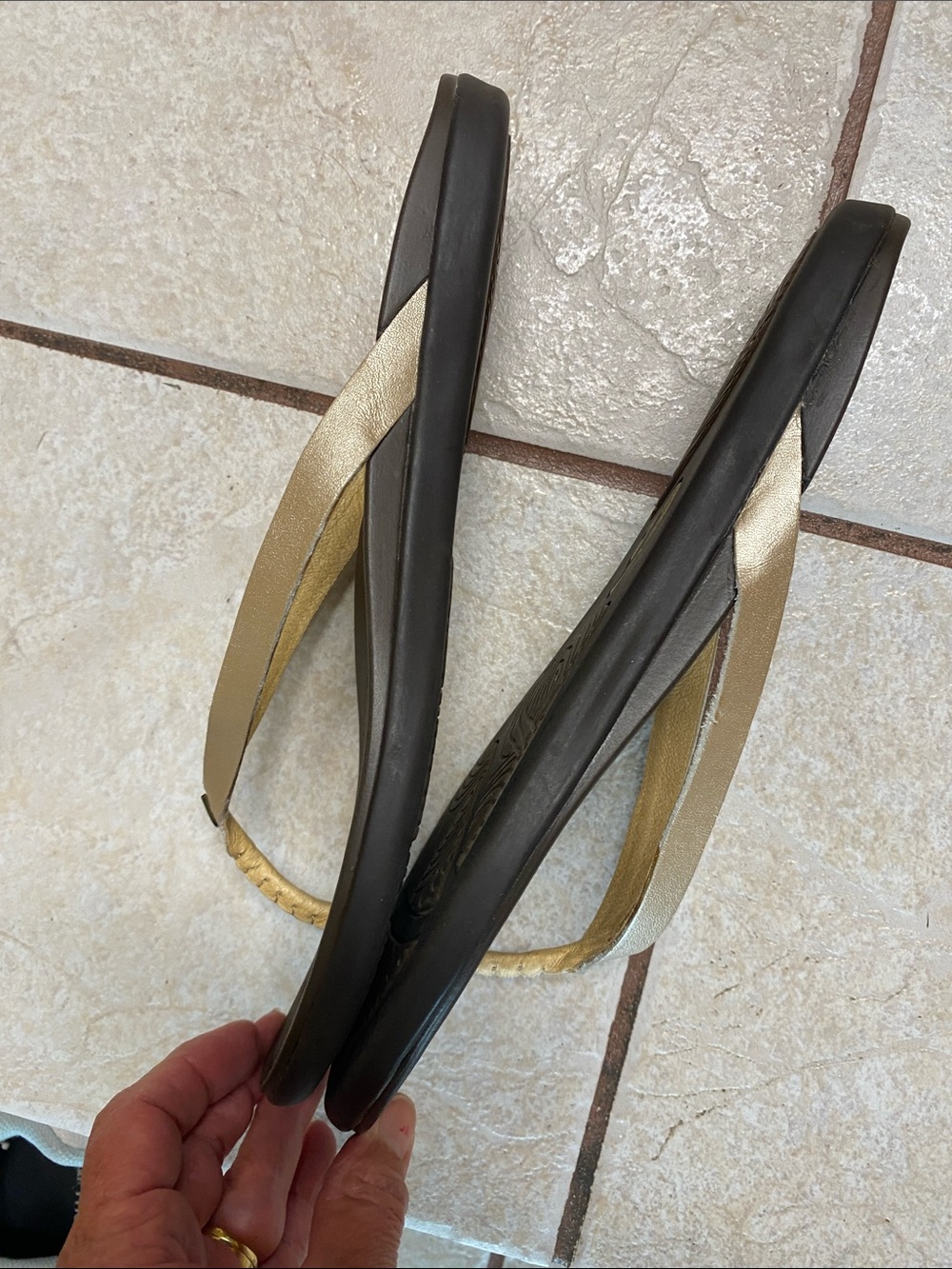 OluKai Women's Dark Brown Footbed Flip Flops with Tan/gold Straps - Picture 4 of 6